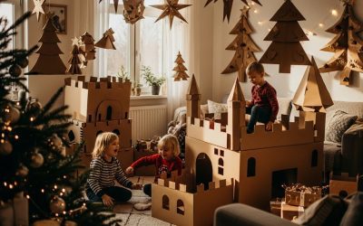Creative holiday decorations from cardboard boxes in a home environment with children