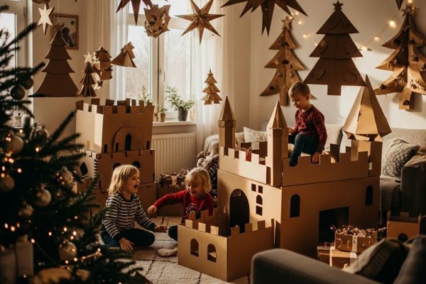 Creative holiday decorations from cardboard boxes in a home environment with children