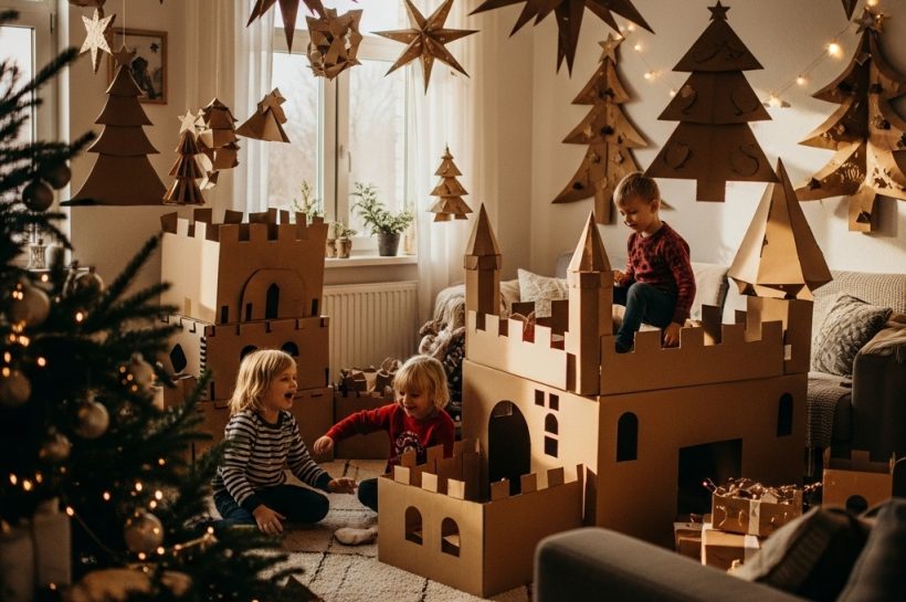 Creative holiday decorations from cardboard boxes in a home environment with children