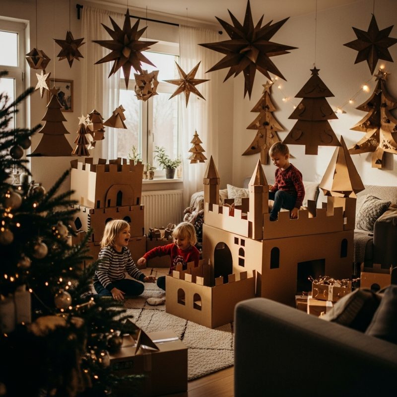 Creative holiday decorations from cardboard boxes in a home environment with children