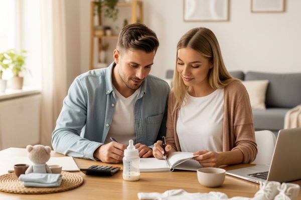 Finansinis pasiruošimas šeimos pagausėjimui: kaip išvengti streso ir išlaidų spąstų Jauna pora planuoja šeimos biudžetą prieš kūdikio gimimą, sėdi prie stalo su užrašais ir kūdikio daiktais.