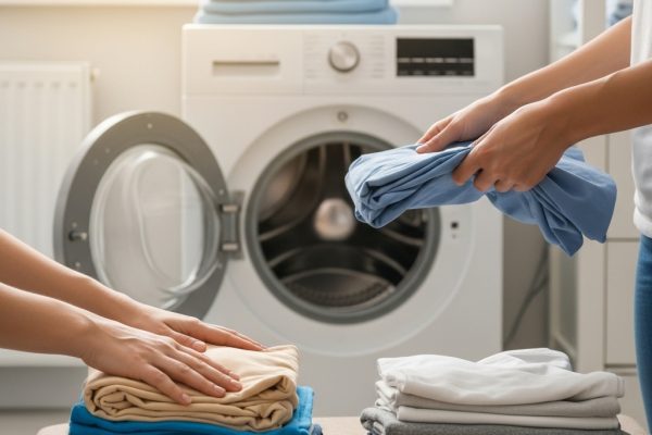 Kaip iš tiesų skalbti – atskleidžiame efektyvios skalbimo paslaptis Rankos rūšiuoja skalbinius pagal spalvą ir audinį prie šiuolaikinės skalbimo mašinos.