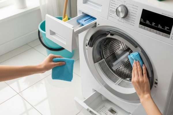 Kaip išlaikyti skalbimo mašiną švarią ir ilgaamžę Skalbimo mašinos valymas ir priežiūra buityje, rodoma atidaroma durelė ir valomas filtras.