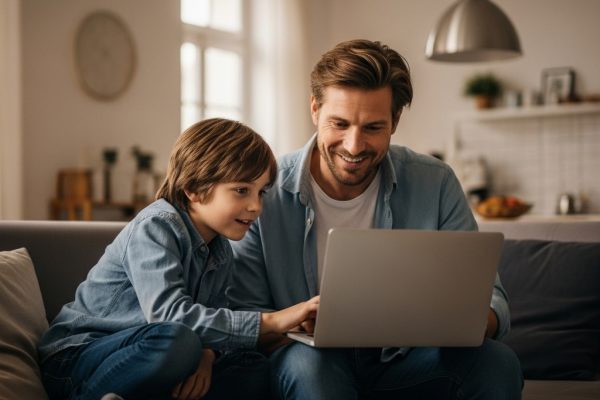 Kaip užtikrinti vaikų saugumą skaitmeninėje erdvėje Tėvas su vaiku žiūri į nešiojamojo kompiuterio ekraną, kalbėdamiesi apie saugumą internete.