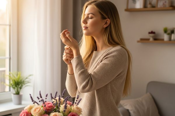 Kvapų magija: kaip aromatai formuoja mūsų nuotaiką ir savijautą Moteris mėgaujasi kvapu šviesioje patalpoje, apsupta gėlių ir jaukios atmosferos