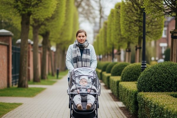 Pasivaikščiojimų su kūdikiu menas: kaip pasiruošti bet kokiam orui Tėvai su kūdikiu vežimėlyje eina pasivaikščioti debesuotą dieną.