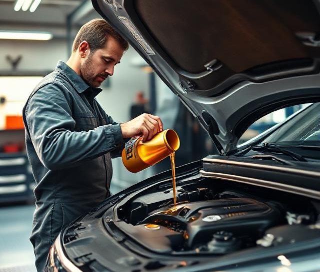 Mechanikas pila alyvą į automobilio variklį dirbtuvėse, matomas detalus judesys ir profesionali aplinka.