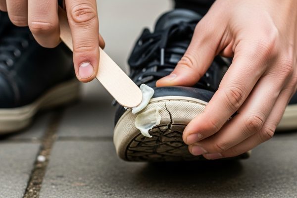 Žingsnis po žingsnio: kaip lengvai pašalinti gumą nuo batų ir išvengti problemų ateityje Guma, prilipusi prie bato pado, šalinama su mentele ant šaligatvio fono.