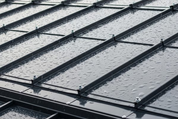 Kaip užtikrinti stogo ilgaamžiškumą ir patvarumą: praktiški patarimai kiekvienam namų savininkui Detalus metalo stogo vaizdas su vandens lašeliais, pabrėžiantis kokybišką medžiagą ir profesionalų montavimą ilgaamžiškumui užtikrinti.